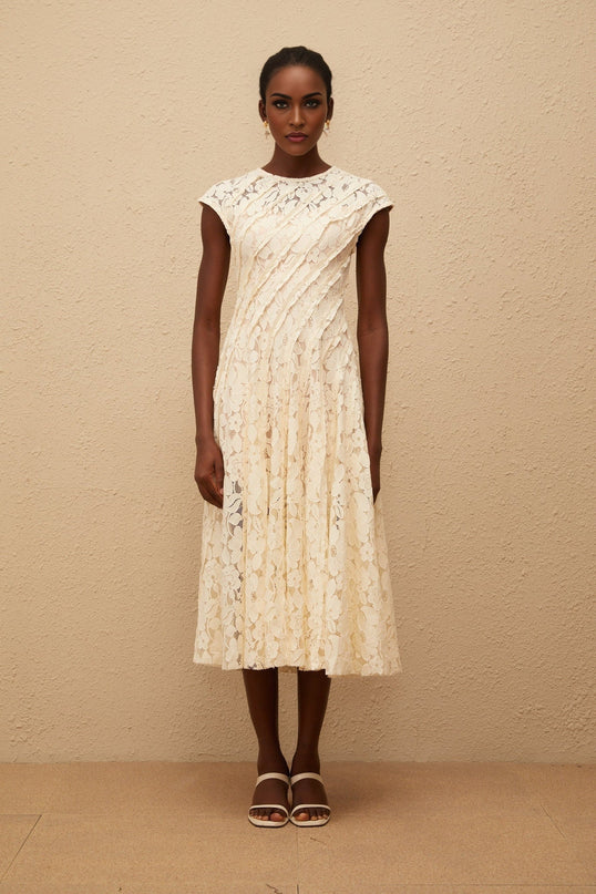 Ella Neutrals Floral Lace Pleated Midi Dress