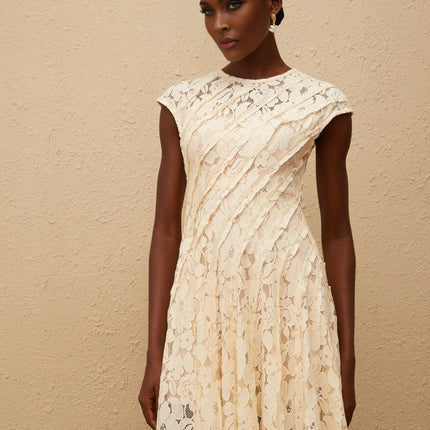 Ella Neutrals Floral Lace Pleated Midi Dress