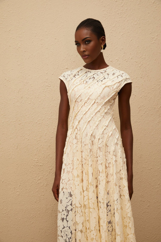 Ella Neutrals Floral Lace Pleated Midi Dress
