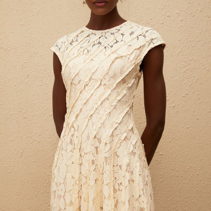 Ella Neutrals Floral Lace Pleated Midi Dress