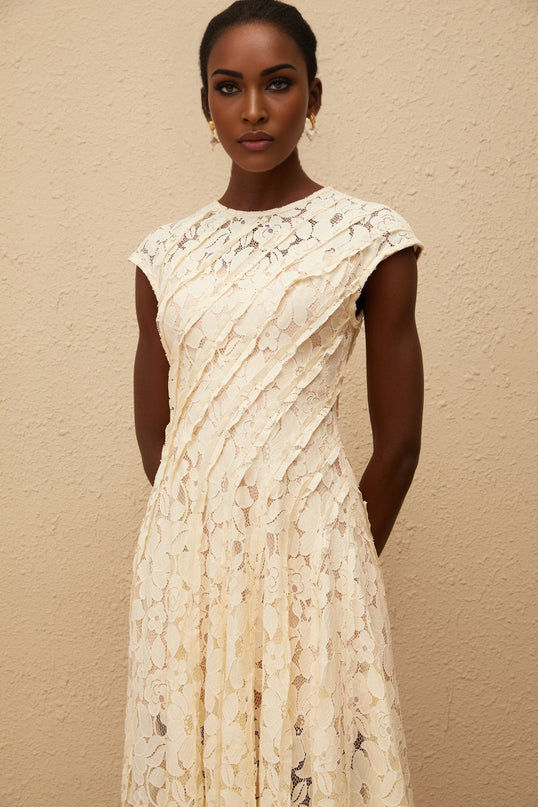 Ella Neutrals Floral Lace Pleated Midi Dress