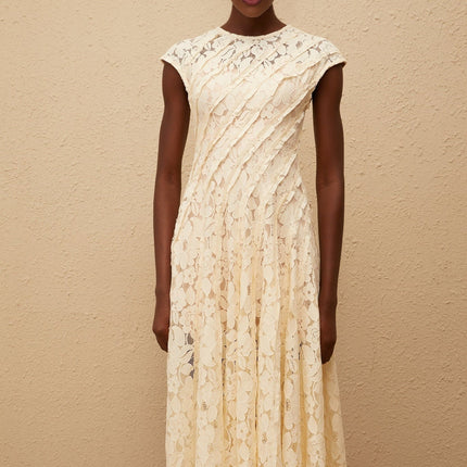 Ella Neutrals Floral Lace Pleated Midi Dress