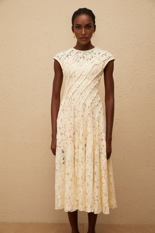 Ella Neutrals Floral Lace Pleated Midi Dress