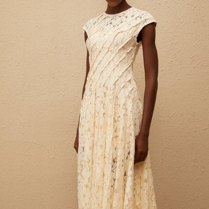 Ella Neutrals Floral Lace Pleated Midi Dress