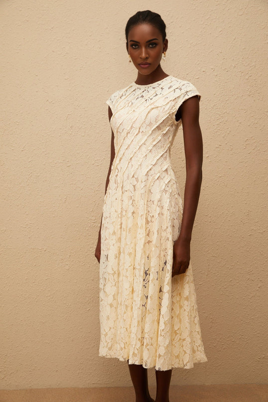 Ella Neutrals Floral Lace Pleated Midi Dress