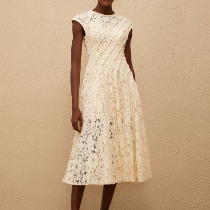 Ella Neutrals Floral Lace Pleated Midi Dress