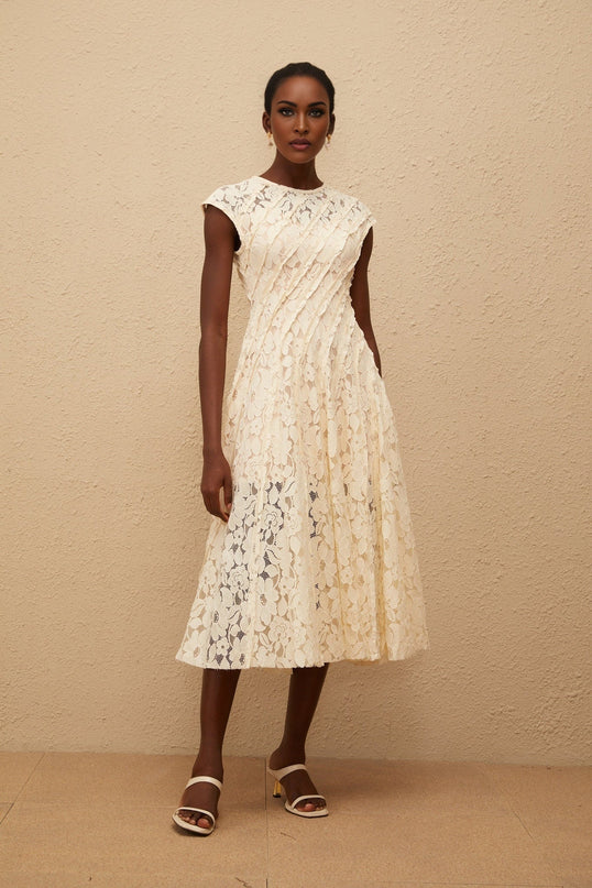Ella Neutrals Floral Lace Pleated Midi Dress