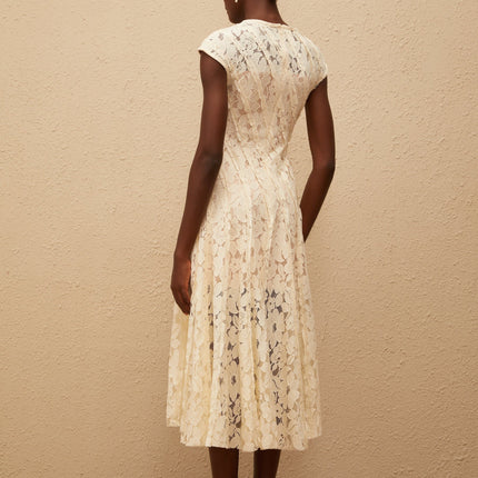 Ella Neutrals Floral Lace Pleated Midi Dress