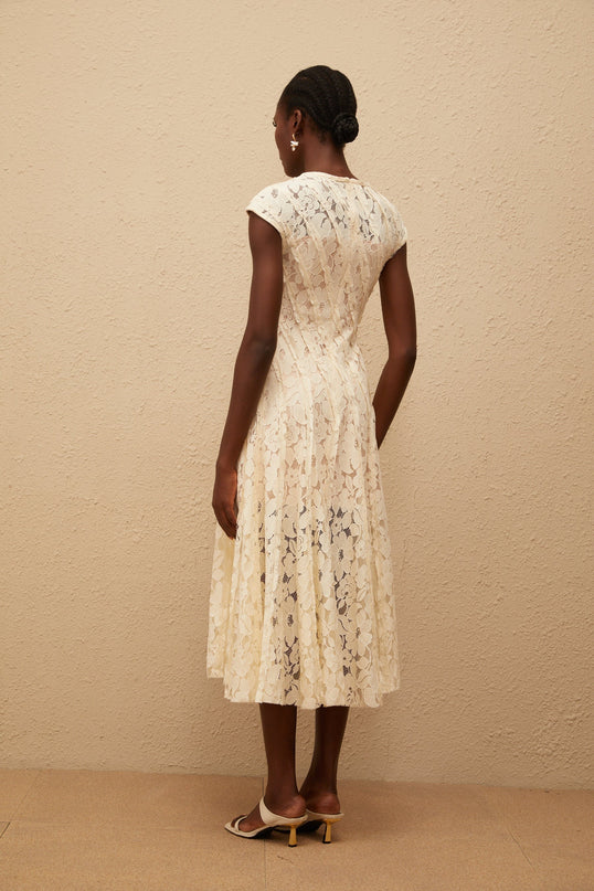 Ella Neutrals Floral Lace Pleated Midi Dress