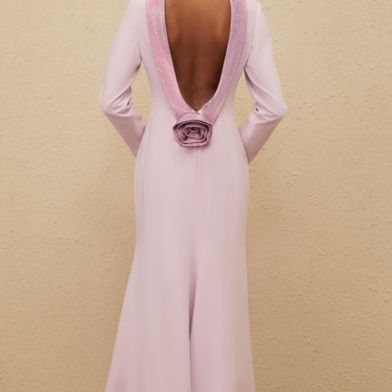 Ella Purple Open-Back Gown with Faux-Flower Details and Rhinestone Embellishments