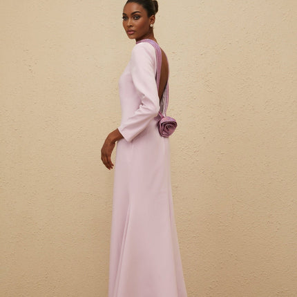 Ella Purple Open-Back Gown with Faux-Flower Details and Rhinestone Embellishments