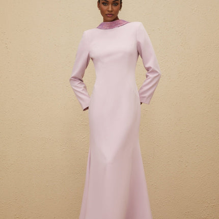 Ella Purple Open-Back Gown with Faux-Flower Details and Rhinestone Embellishments