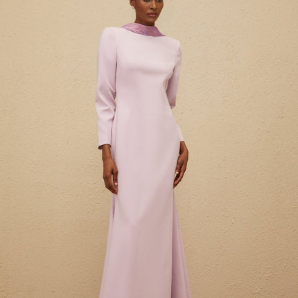Ella Purple Open-Back Gown with Faux-Flower Details and Rhinestone Embellishments