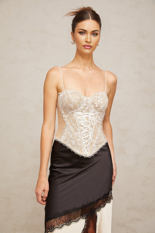 Ella Sweetheart Top in Neutrals Floral Lace Paneling Sleeveless Self-Tie Design Spaghetti Straps Boned Bodice Eye and Hook Fastening Curved Hem 100% Terylene Fiber