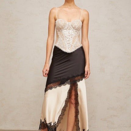 Ella Sweetheart Top Neutrals Lace Paneling Sleeveless Boned Bodice Self-Tie Spaghetti Straps Eye Hook Fastening Curved Hem Luxury Craftsmanship Terylene Fiber