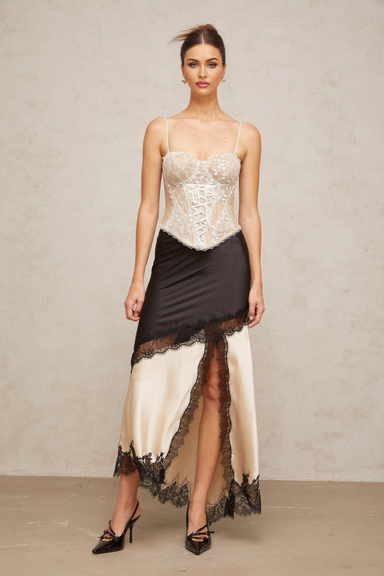 Ella Sweetheart Top Neutrals Lace Paneling Sleeveless Boned Bodice Self-Tie Spaghetti Straps Eye Hook Fastening Curved Hem Luxury Craftsmanship Terylene Fiber