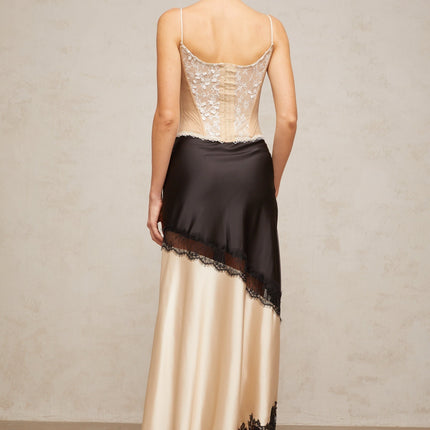 Ella Sweetheart Top in Neutrals Lace Paneling Sleeveless Boned Bodice Self-Tie Design Spaghetti Straps Eye and Hook Fastening Curved Hem 100% Terylene Fiber