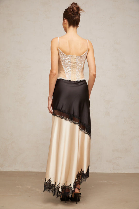 Ella Sweetheart Top in Neutrals Lace Paneling Sleeveless Boned Bodice Self-Tie Design Spaghetti Straps Eye and Hook Fastening Curved Hem 100% Terylene Fiber