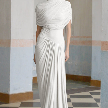 Ella White Crisp Maxi Dress Crew Neck Sleeveless Shawl Detail Pleated Asymmetric Draped Floor Length Formal Dress 84% Polyamide 16% Elastane