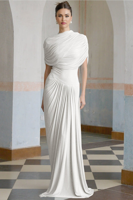Ella White Crisp Maxi Dress Crew Neck Sleeveless Shawl Detail Pleated Asymmetric Draped Floor Length Formal Dress 84% Polyamide 16% Elastane