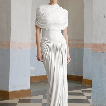 Ella White Crisp Maxi Dress Sleeveless Crew Neck Shawl Detail Pleated Asymmetric Elegant Formal Floor-Length Polyamide Elastane
