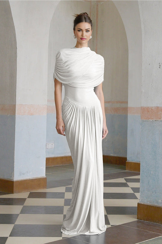 Ella White Crisp Maxi Dress Sleeveless Crew Neck Shawl Detail Pleated Asymmetric Elegant Formal Floor-Length Polyamide Elastane