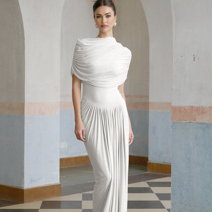 Ella White Crisp Maxi Dress Crew Neck Sleeveless Shawl Detail Pleated Asymmetric Slip-On Style Formal Occasion Floor-Length Polyamide Elastane