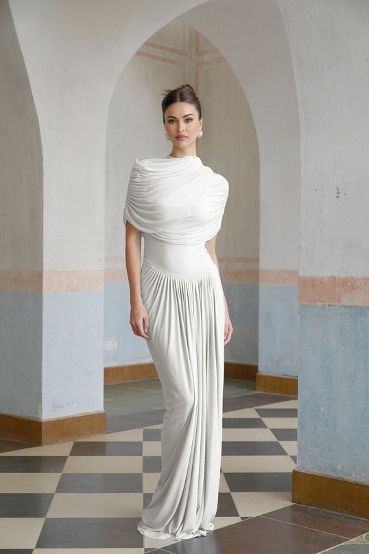 Ella White Crisp Maxi Dress Crew Neck Sleeveless Shawl Detail Pleated Asymmetric Slip-On Style Formal Occasion Floor-Length Polyamide Elastane