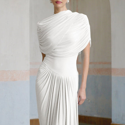 Ella White Crisp Maxi Dress Crew Neck Sleeveless Shawl Detail Pleated Asymmetric Drape Slip-On Formal Floor-Length 84% Polyamide 16% Elastane