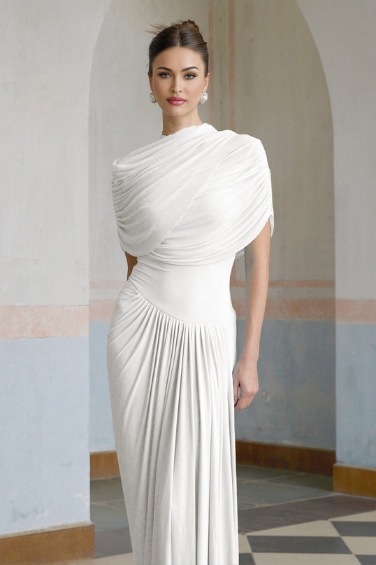 Ella White Crisp Maxi Dress Crew Neck Sleeveless Shawl Detail Pleated Asymmetric Drape Slip-On Formal Floor-Length 84% Polyamide 16% Elastane