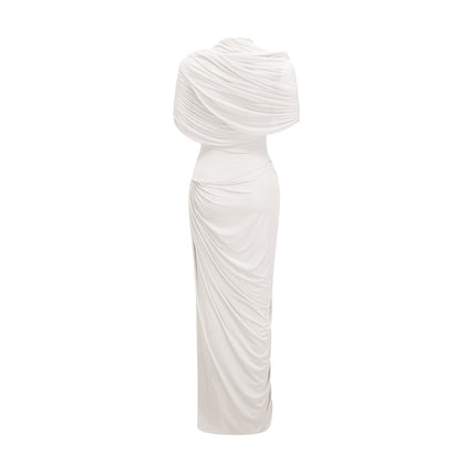 Ella White Crisp Maxi Dress Crew Neck Sleeveless Shawl Detail Pleated Asymmetric Drape Detail Slip-On Style Formal Floor-Length 84% Polyamide 16% Elastane