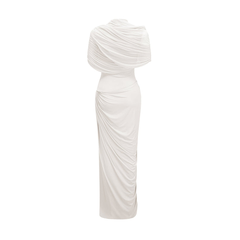 Ella White Crisp Maxi Dress Crew Neck Sleeveless Shawl Detail Pleated Asymmetric Drape Detail Slip-On Style Formal Floor-Length 84% Polyamide 16% Elastane