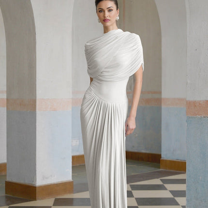 Ella White Crisp Maxi Dress Crew Neck Sleeveless Shawl Detail Pleated Asymmetric Slip-On Style Floor-Length Luxury Elegance Formal Occasion Polyamide Elastane