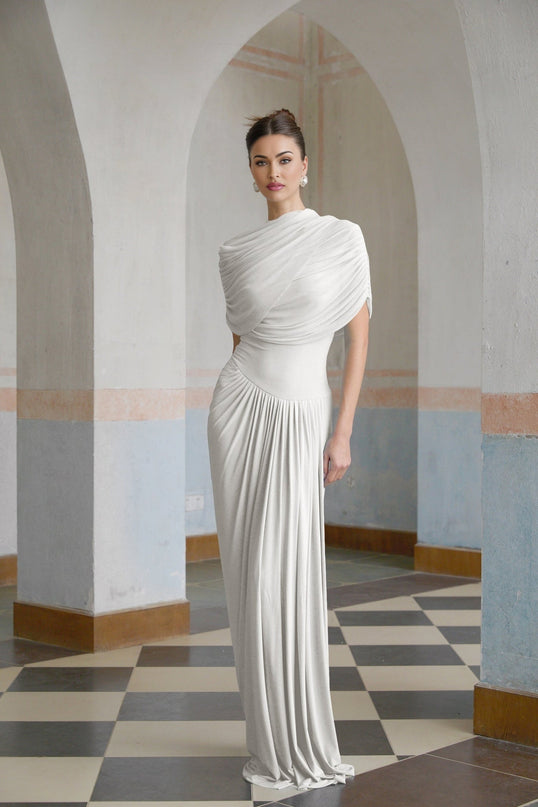 Ella White Crisp Maxi Dress Crew Neck Sleeveless Shawl Detail Pleated Asymmetric Slip-On Style Floor-Length Luxury Elegance Formal Occasion Polyamide Elastane