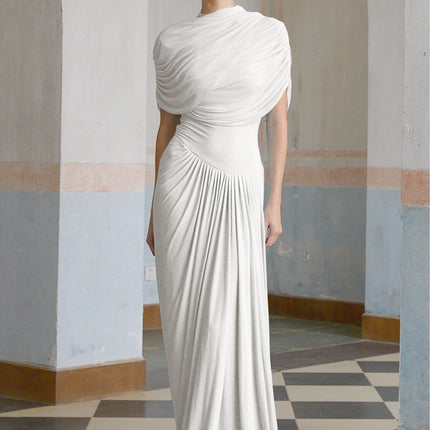 Ella White Crisp Maxi Dress Sleeveless Shawl Detail Pleated Asymmetric Drape Floor-Length Formal