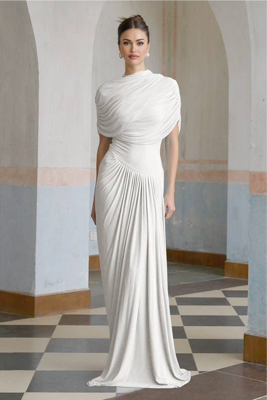 Ella White Crisp Maxi Dress Sleeveless Shawl Detail Pleated Asymmetric Drape Floor-Length Formal