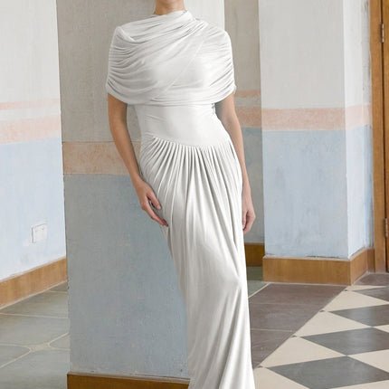Ella White Crisp Maxi Dress Luxury Elegance Crew Neck Sleeveless Shawl Detail Pleated Asymmetric Drape Slip-On Formal Occasion Floor-Length Polyamide Elastane