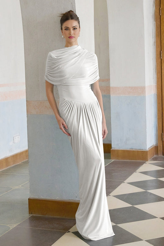Ella White Crisp Maxi Dress Luxury Elegance Crew Neck Sleeveless Shawl Detail Pleated Asymmetric Drape Slip-On Formal Occasion Floor-Length Polyamide Elastane