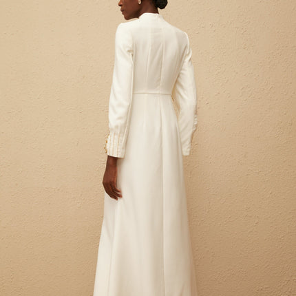 Ella White Embellished Shawl Design Gown in White Color