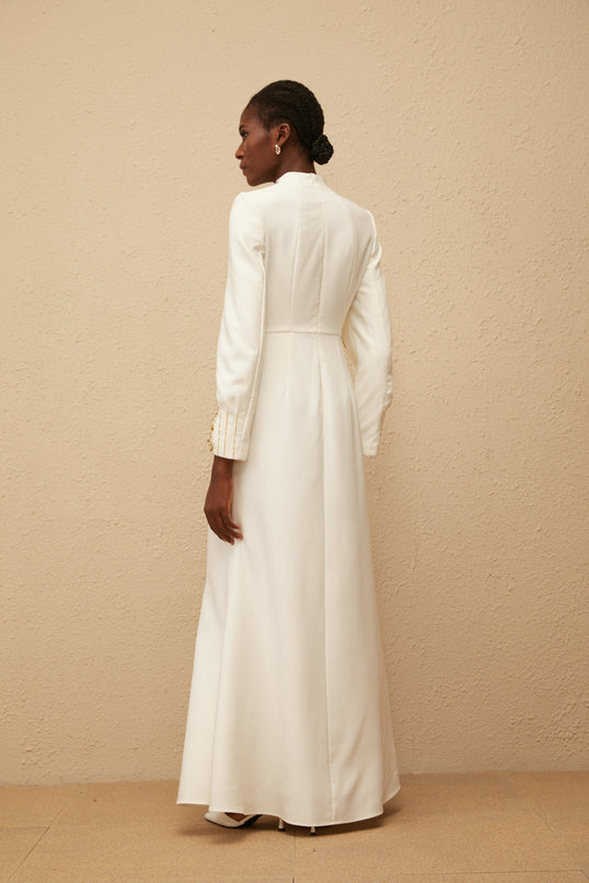 Ella White Embellished Shawl Design Gown in White Color