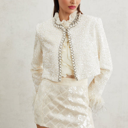 Ella White Faux Pearl Sequin Jacket