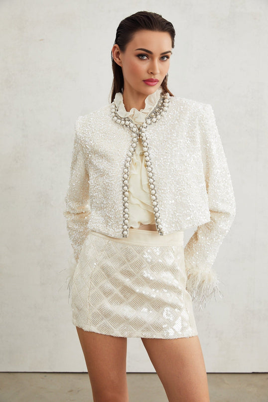 Ella White Faux Pearl Sequin Jacket