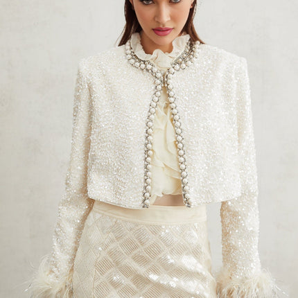 Ella White Faux Pearl Sequin Jacket