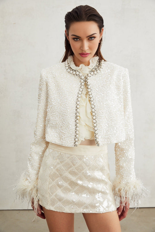 Ella White Faux Pearl Sequin Jacket