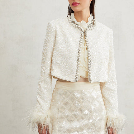 Ella White Faux Pearl Sequin Jacket