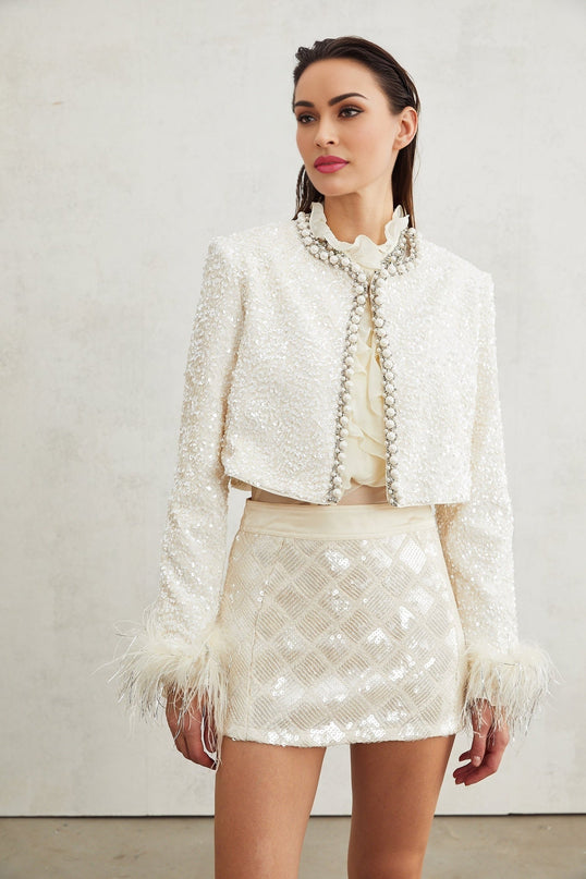 Ella White Faux Pearl Sequin Jacket
