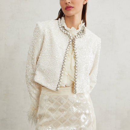 Ella White Faux Pearl Sequin Jacket