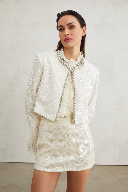 Ella White Faux Pearl Sequin Jacket
