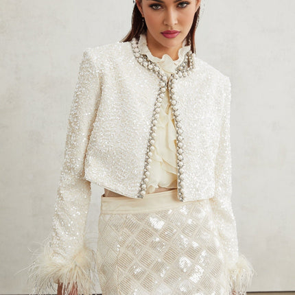 Ella White Faux Pearl Sequin Jacket