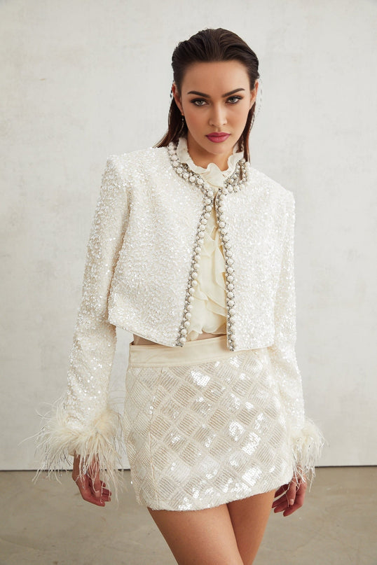 Ella White Faux Pearl Sequin Jacket